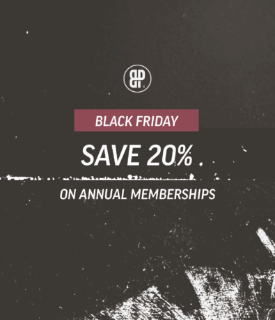 Black Friday promotion image for an Austin climbing gym, featuring “Save 20% on annual memberships” in bold white text over a dark background with abstract white brush strokes and a round logo at the top.