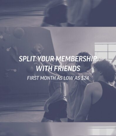 Three people in a gym or climbing area, with text overlay: Split your membership with friends. First month as low as $24. Soft, muted tones and blurred edges.