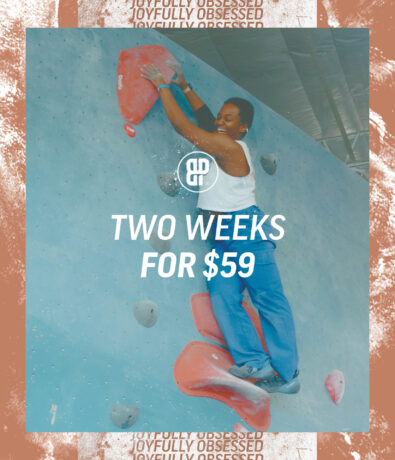 A person climbs a blue indoor bouldering wall with red holds at a DC Rock Climbing Gym. Text over the image reads: Two weeks for $59 with a circular logo above. The border has repeated words Joyfully Obsessed in the background.