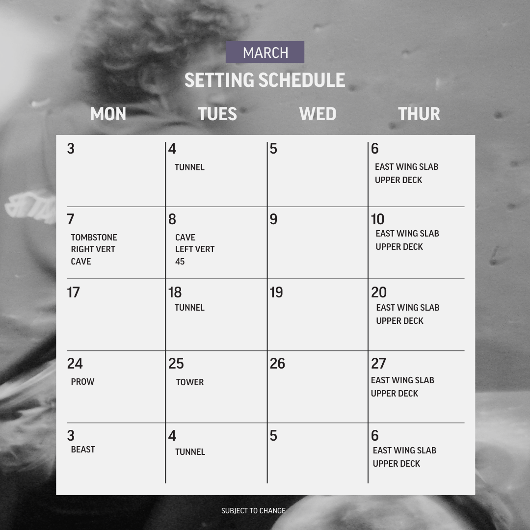 March Setting Schedule for climbing at DC Bouldering Project