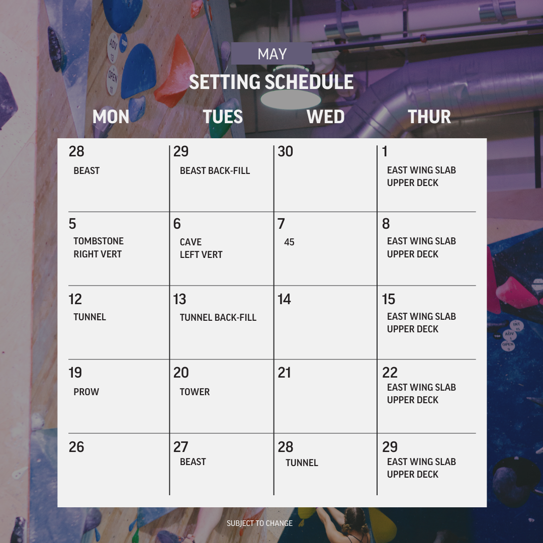 DC Bouldering Project May Setting Schedule