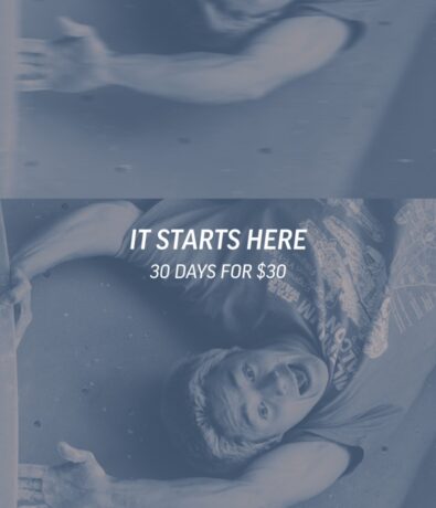 A person climbs an indoor wall, looking up and reaching out. Text reads: It starts here. 30 days for $30. The image has a blue tint.