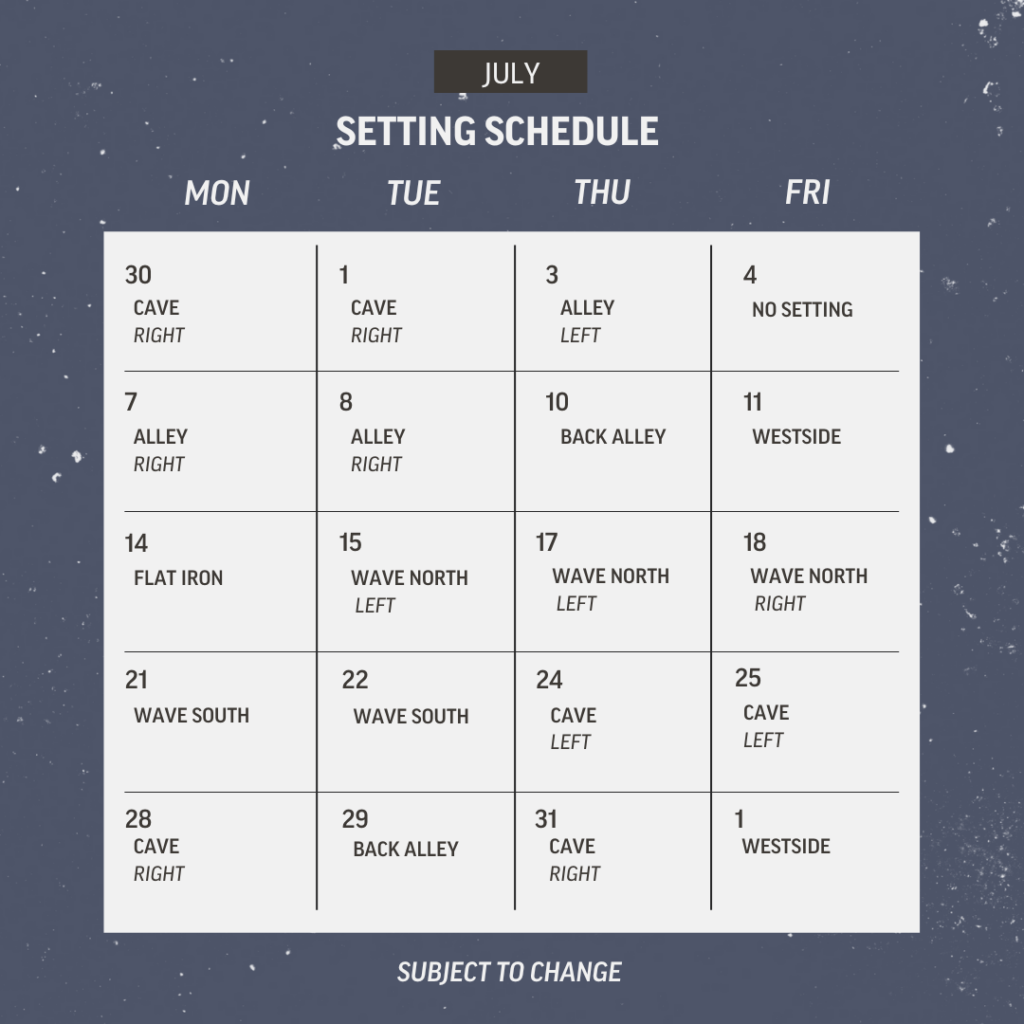 July setting schedule for Bouldering Project Brooklyn