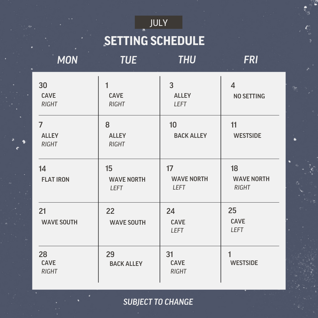 July setting schedule for Bouldering Project Brooklyn