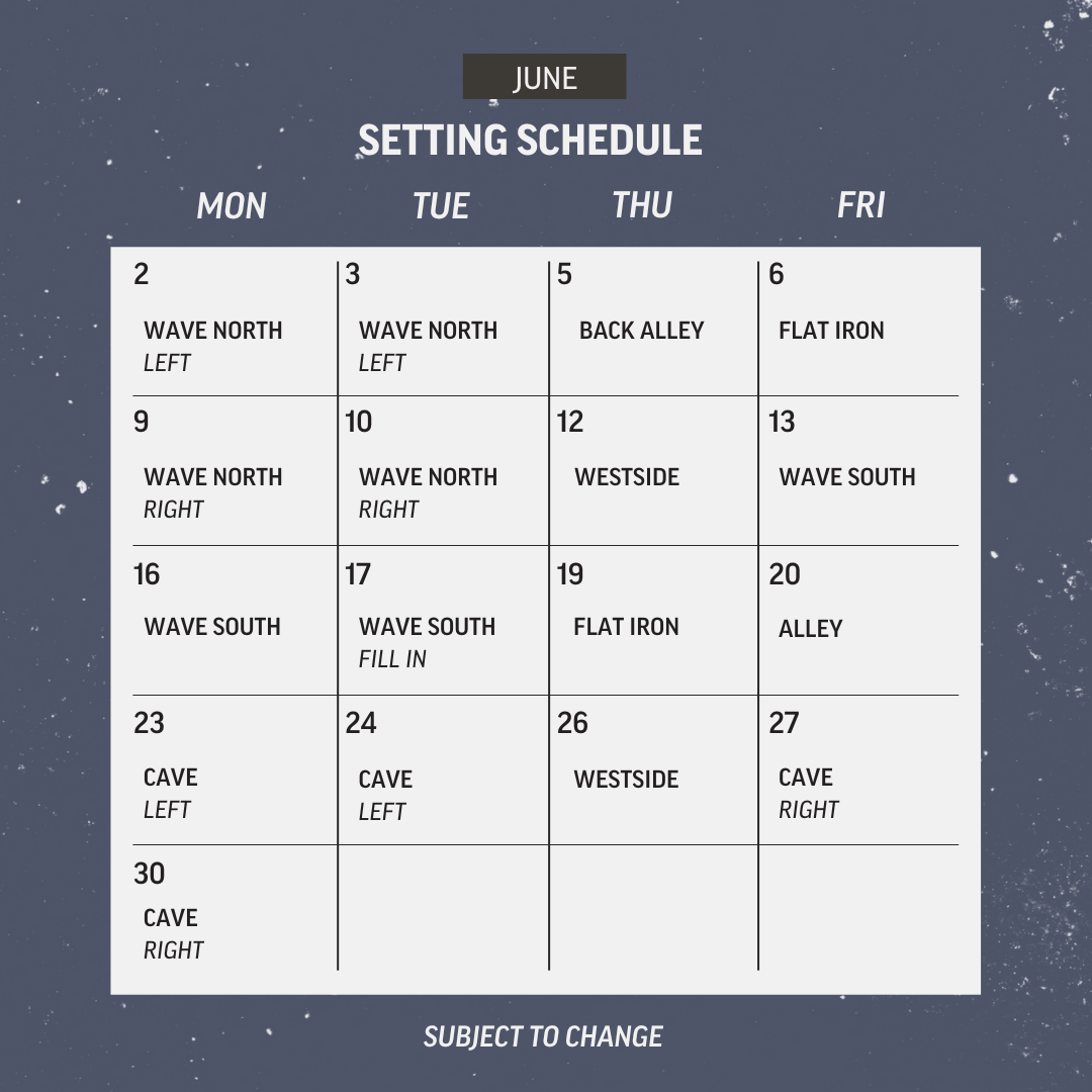 June route setting schedule for Bouldering Project in Brooklyn
