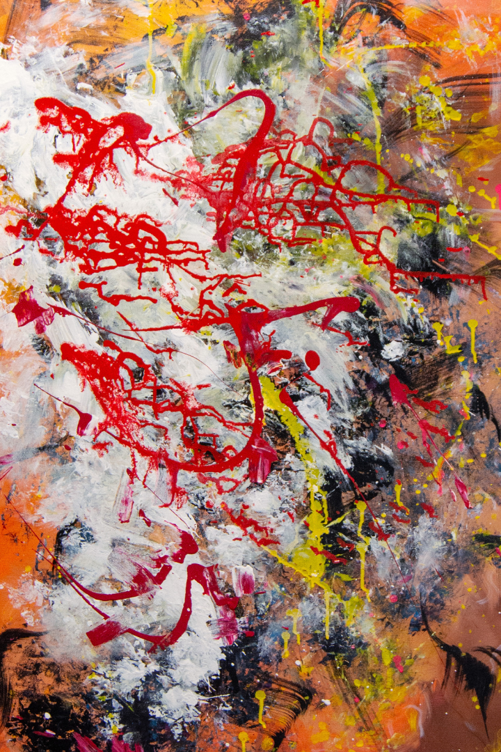 Artwork by Michael Guild. Abstract art with orange background and white, red, yellow, and black foreground.