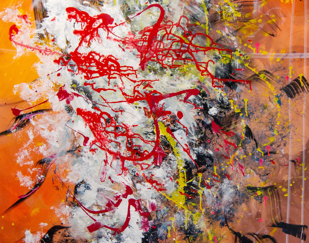 Abstract artwork by local artist, Michael Guild. Predominately orange with red, white, black, and yellow abstract paint.