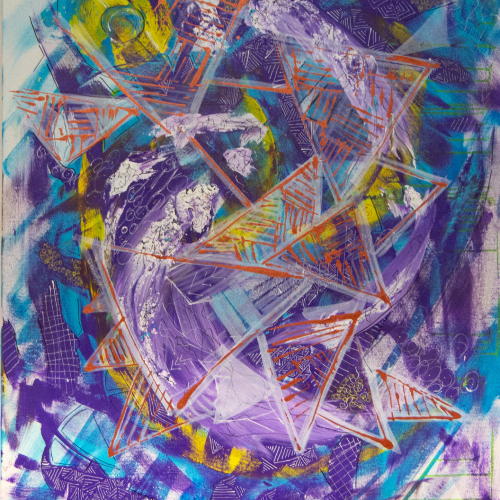 Artwork by Michael Guild. Abstract art with blue, white, yellow, and purple design.