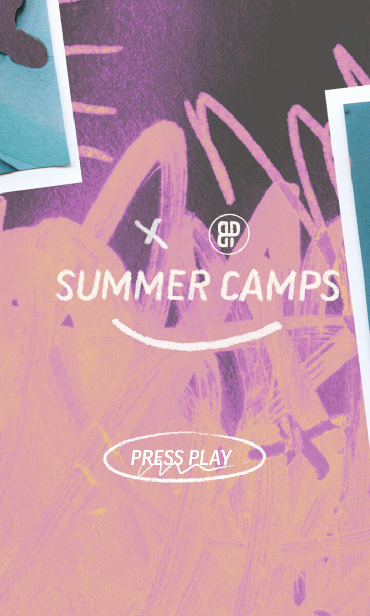 Summer Camps at Bouldering Project transposed over a graphic overlayed with the line press play.