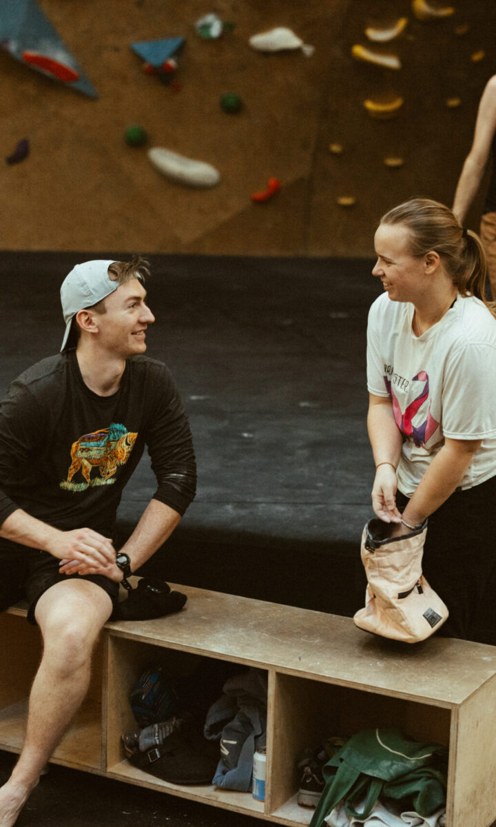 People talking at Boston Bouldering Project