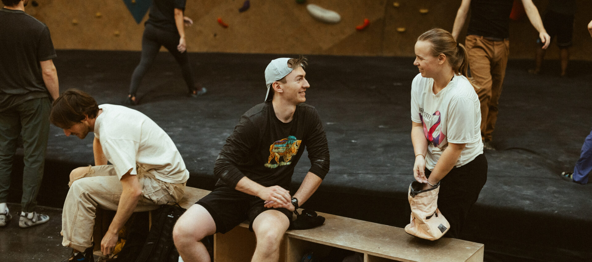 People talking at Boston Bouldering Project