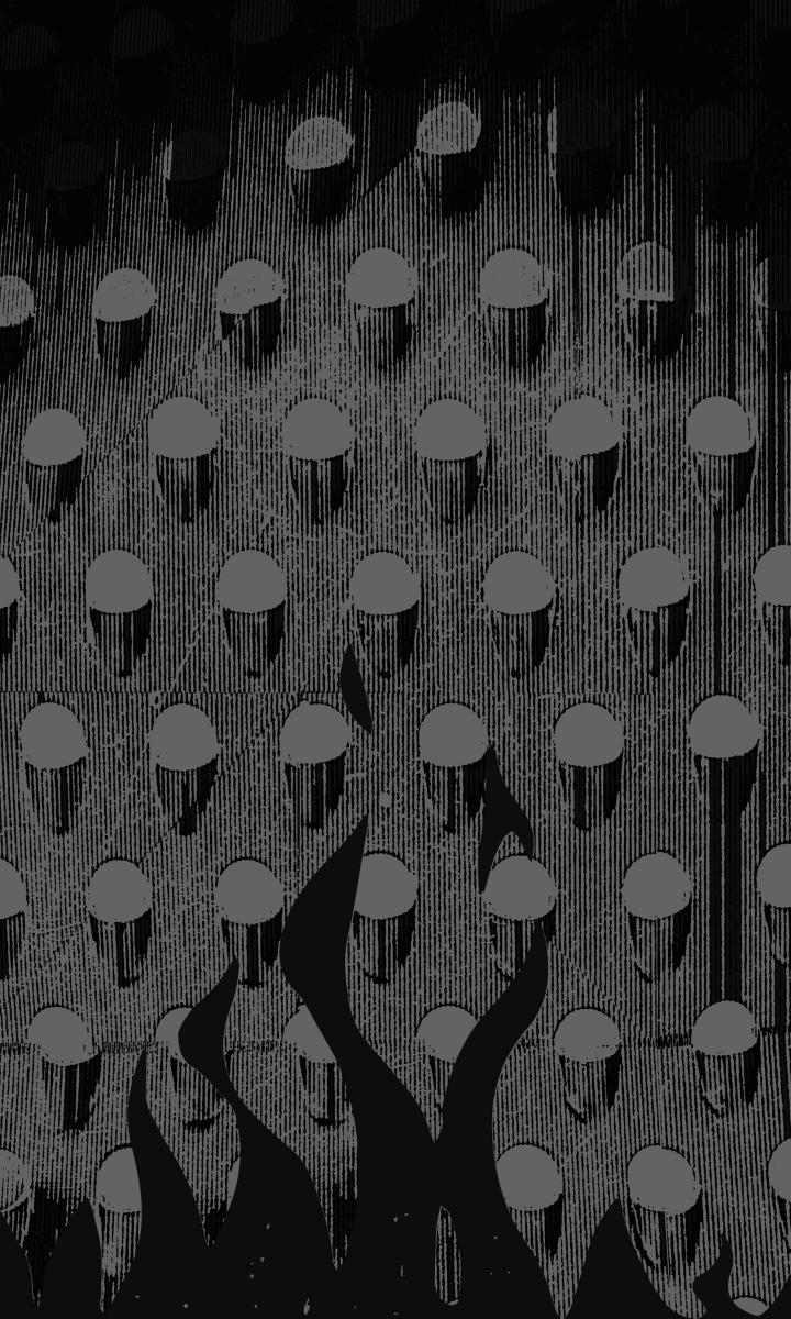 Abstract black and gray image featuring rows of circular shapes with vertical lines and shadow effects, and dark, flame-like forms rising from the bottom—perfect for DC - Slab Showdown 2025.