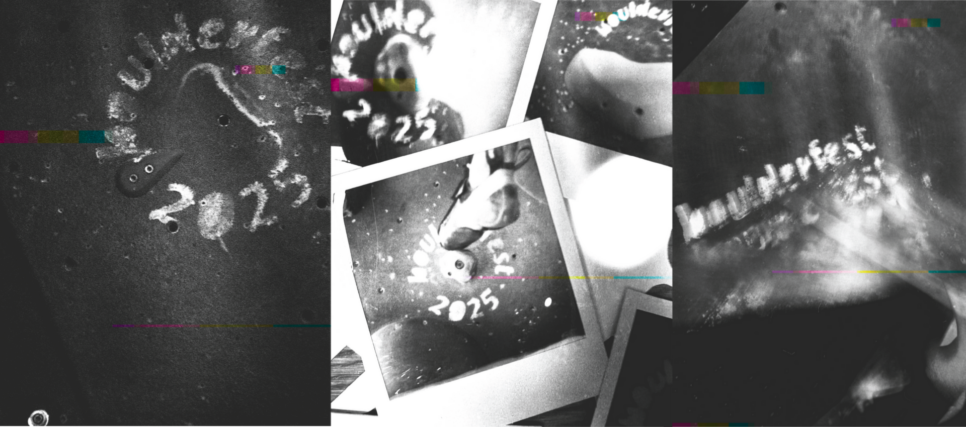 Black and white collage featuring polaroid-style photos shows the words Boulderfest 2025 written in powder on a dark surface, with water droplets and subtle color glitches across the images, capturing the essence of this unique climbing festival.