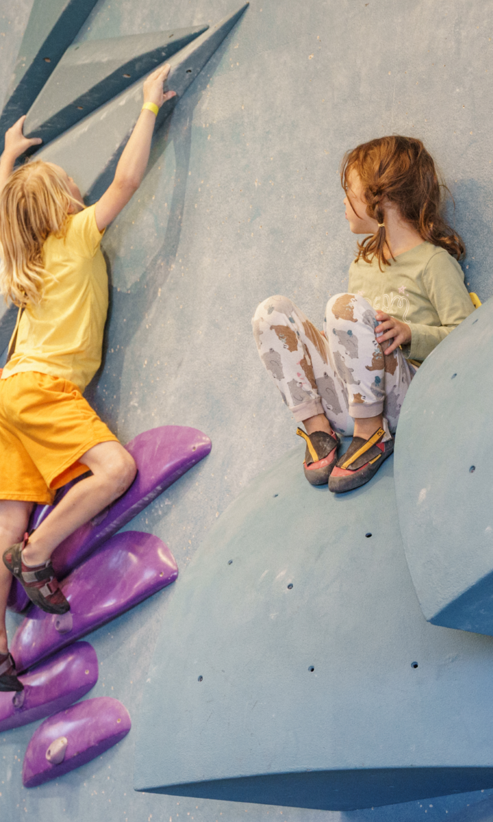 Two young children climb an indoor bouldering wall; one scales purple holds while the other sits on a large blue hold, watching. Both wear climbing shoes and casual clothes—a fun scene from youth programs Boston families love.