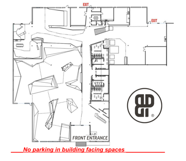 Black and white floor plan for MBP Block Party with two exits marked in red, a labeled front entrance, scattered geometric shapes, and a bold BP logo. Red text below warns: No parking in building facing spaces.