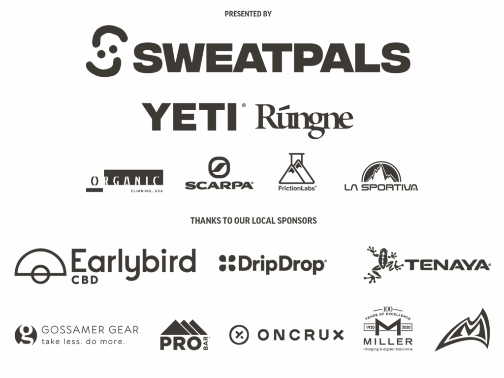 A collection of sponsor logos for the Austin BoulderFest competition, featuring SweatPals, Yeti, Rungne, Organic Climbing, Scarpa, FrictionLabs, La Sportiva, Earlybird CBD, DripDrop, Tenaya, Gossamer Gear, Oncrux, and Miller Insurance.