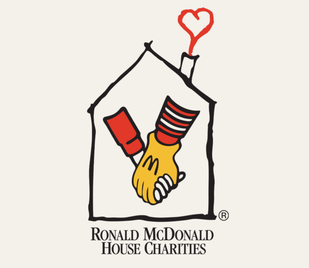 Hand-drawn outline of a house with a red heart as smoke from the chimney. Inside, a yellow and striped red sleeve hand shake. Text below reads Ronald McDonald House Charities and Climb for Community.