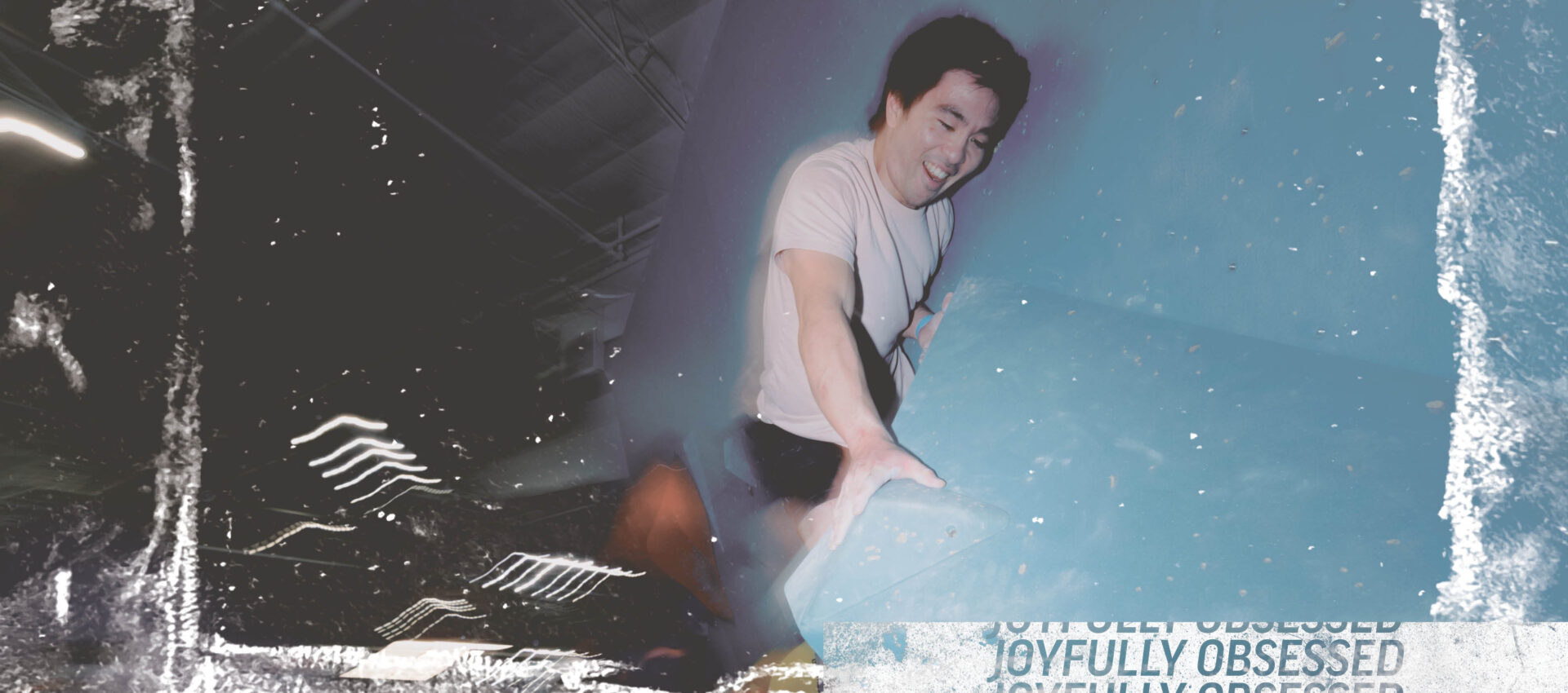 A person in a white shirt smiles while reaching out with one hand against a blurry, blue-toned background in Austin. White streaks and abstract textures border the image, with 