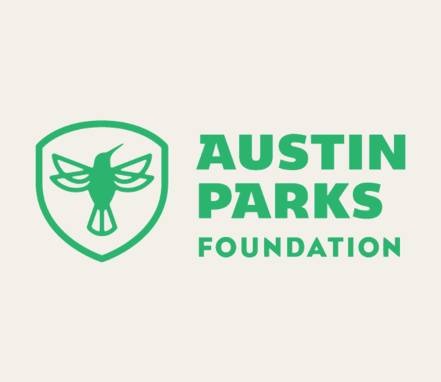 Green logo with a stylized hummingbird inside a shield on the left, and the words AUSTIN PARKS FOUNDATION in bold green text on the right. The off-white background highlights their Climb for Community initiative.