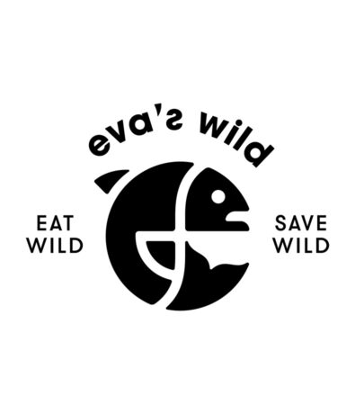 Black and white logo with a stylized fish forming a circular shape. Text above reads eva’s wild, with EAT WILD on the left and SAVE WILD on the right. Inspired by the clean, modern vibe of Seattle Boulderfest competition branding.