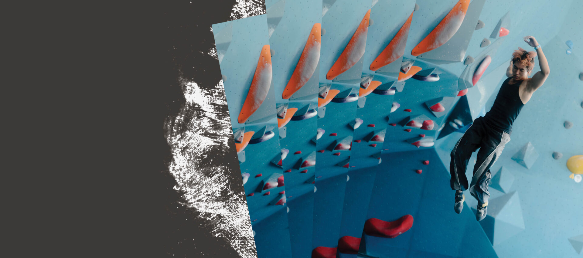 A person climbing an indoor bouldering wall with colorful holds; the image is artistically edited with multiple overlapping layers and a textured white brushstroke on the left side, highlighting a new fall membership season.