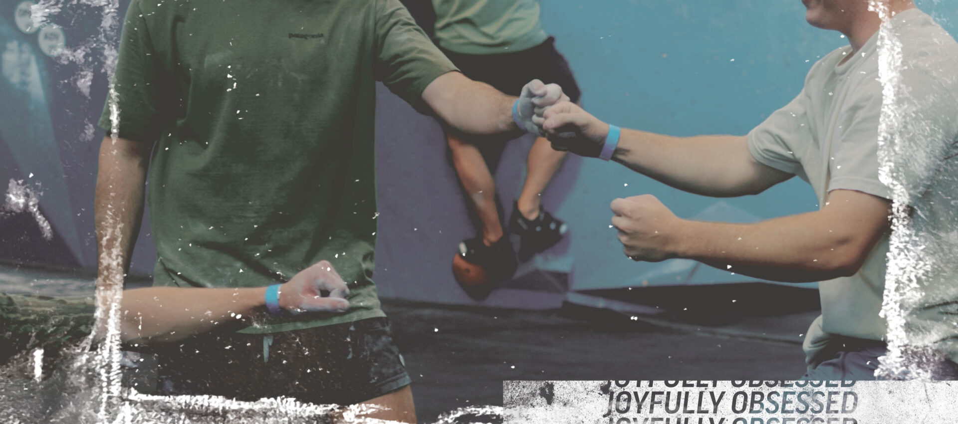 Three people at an Austin indoor climbing gym, two exchanging a fist bump with chalk-covered hands in the foreground, and one person scaling a wall in the background. The image has a textured, distressed filter—perfect for your Two Week Intro Pass experience.