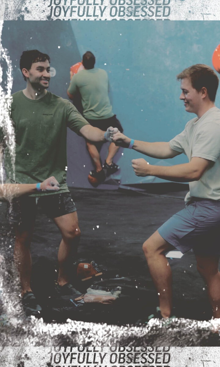 Two young men in casual sportswear smile and fist-bump each other at an Austin indoor climbing gym, with another person scaling the wall. A grungy border frames the image with 