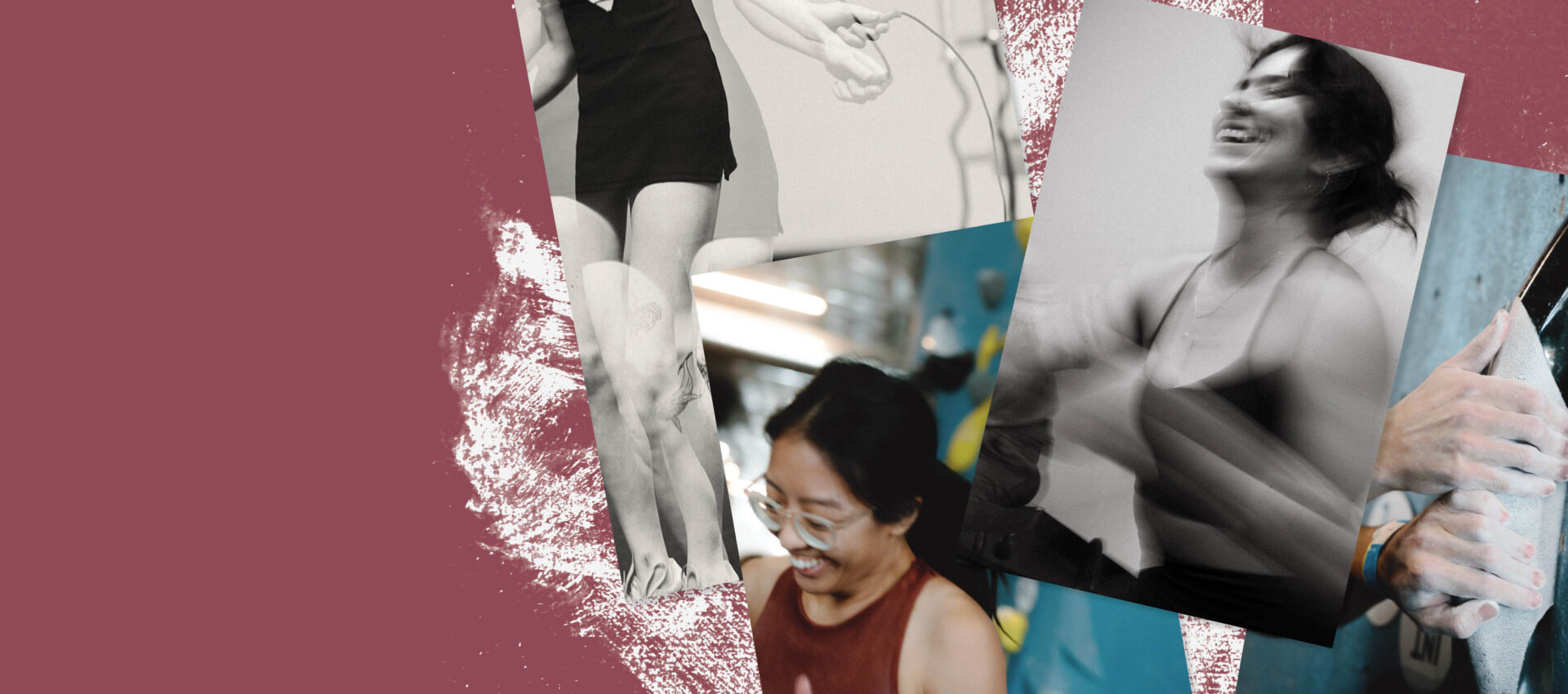 A collage of black-and-white and color photos shows people smiling, jumping, and exercising on a textured maroon and white background—perfectly capturing the energy of our fall membership season.