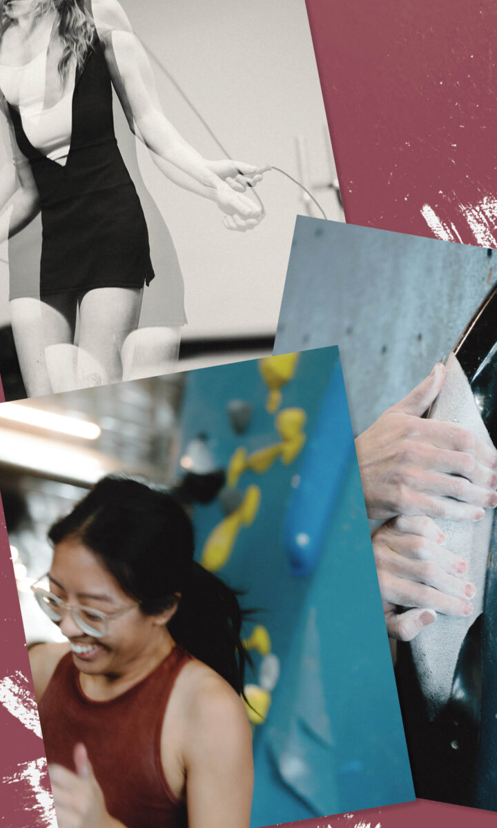 A collage shows a woman skipping rope in black and white; hands gripping a climbing hold; and a woman smiling at an indoor climbing gym with colorful holds in the background, highlighting the excitement of a new fall membership.