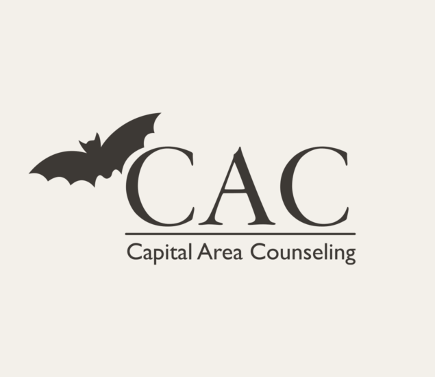 Logo for Capital Area Counseling featuring the large acronym CAC with a black bat silhouette above the first C, the full name Capital Area Counseling below, and a subtle nod to Climb for Community.