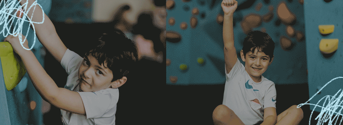 A young boy with dark hair enjoys DC Summer Adventures, climbing a rock wall on the left and smiling with one arm raised while sitting in front of the wall on the right. Blue and white scribble-like designs decorate the edges.