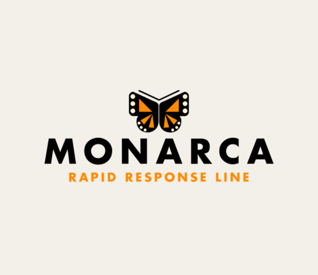 Logo featuring a stylized monarch butterfly above the bold text MONARCA, with RAPID RESPONSE LINE in orange capitals below and a subtle Climb for Community theme on a light background.