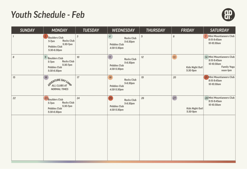 A February youth schedule calendar shows kids' after school climbing clubs like Boulder Club, Pebbles, Rocks Club, Family Yoga, and Mini Mountaineers on various days each week. An adventure day is noted on February 15.