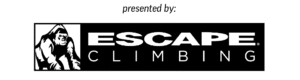 Black and white Escape Climbing logo featuring a stylized gorilla on the left and “ESCAPE CLIMBING” on the right, under “presented by:” in italics. Designed for Boston's OB/SESSION Board League events.