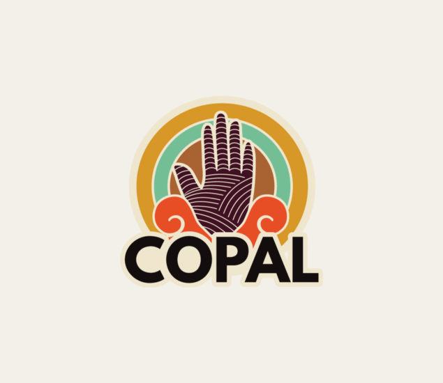 A stylized logo featuring a patterned hand in front of orange, green, and yellow circles, with two orange swirls at the base and the bold text “COPAL” underneath—symbolizing the spirit of Climb for Community.