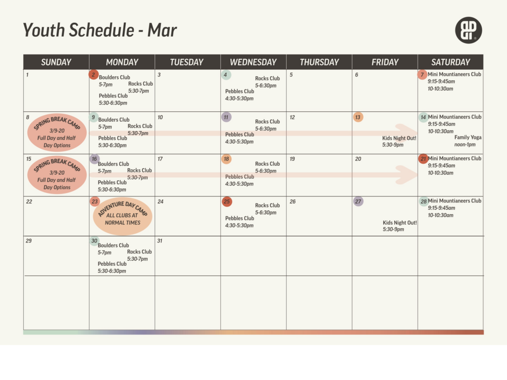 A March calendar titled Youth Schedule highlights kids’ play, after school climbing clubs, teams, camps like Mini Mountaineers, Pebbles Club, Rocks Club, Boulder Club, Spring Break Camps, and Kids Night Out—all organized by day of the week.