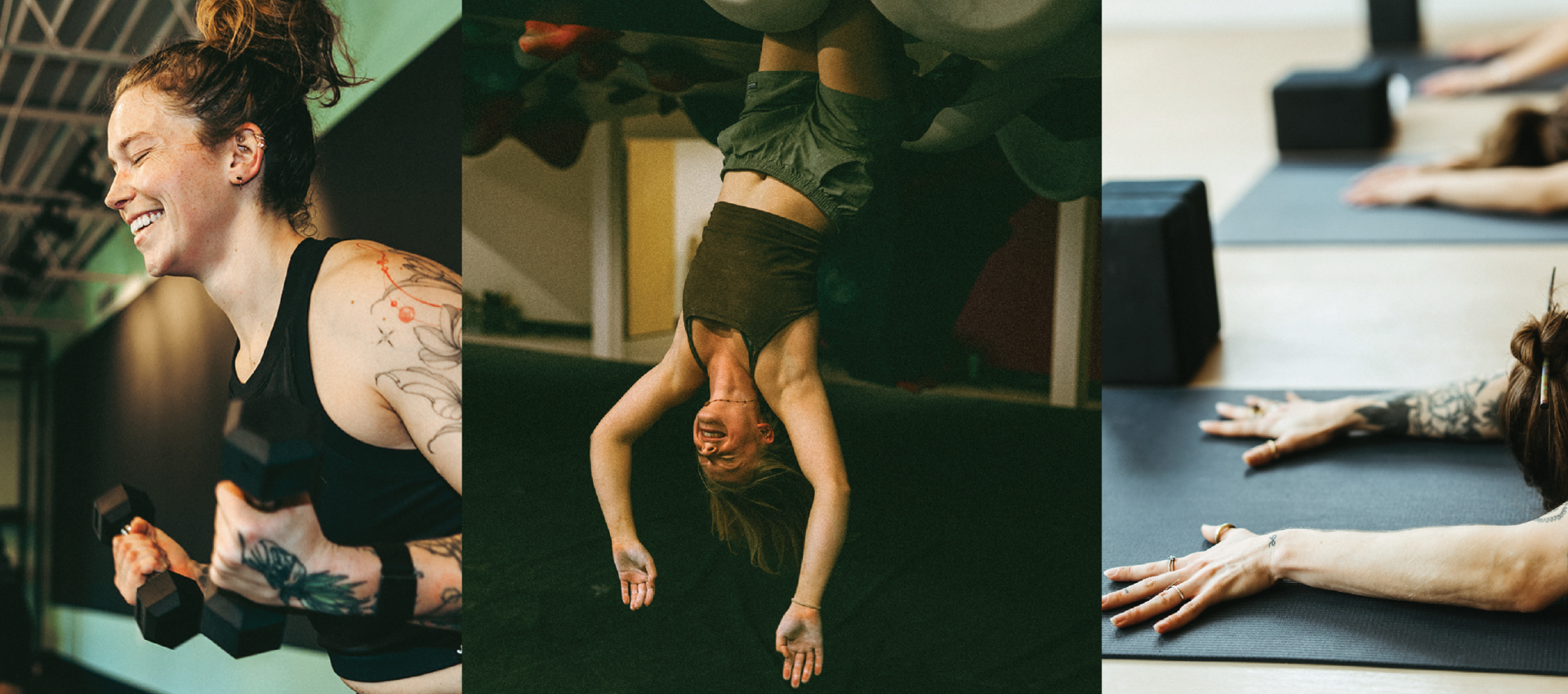 A collage of three images: a woman smiling while lifting dumbbells, a woman hanging upside down from climbing holds with her climbing gym membership, and a person stretching on a yoga mat with arms extended forward.