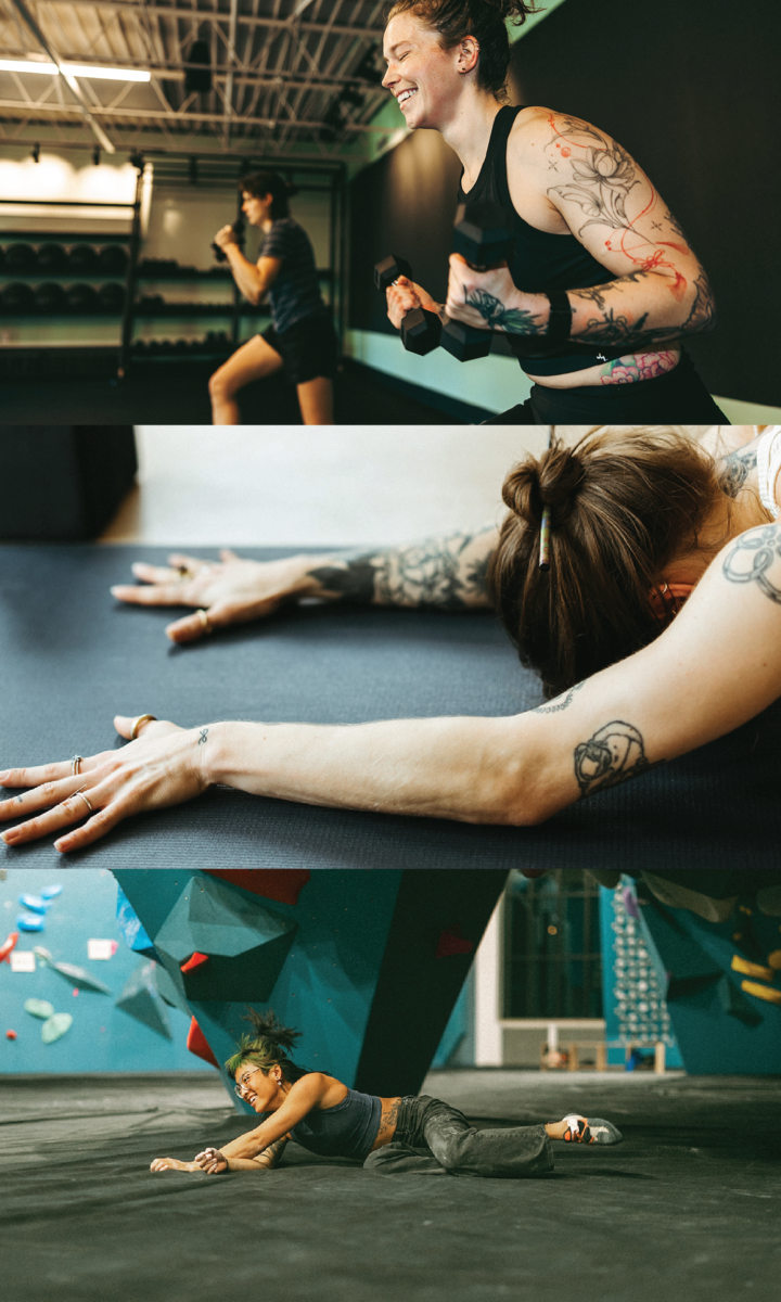 A tattooed woman with short hair exercises with dumbbells, lies stretched out on a mat exhausted, then rests on the floor of her climbing gym, smiling and catching her breath—enjoying every moment of her climbing gym membership.