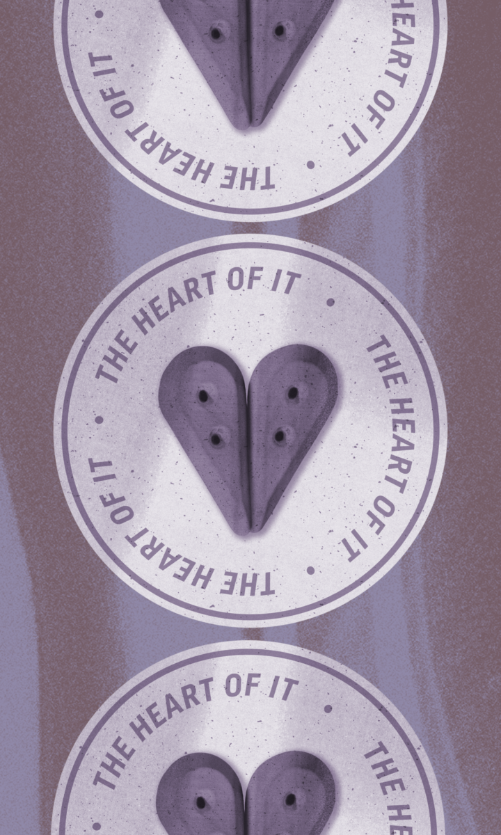 Three circular designs with “THE HEART OF IT” written around the edges. Each circle features a heart shape formed from two rock climbing holds, in shades of purple and mauve on a textured background—celebrating how we climb for community.