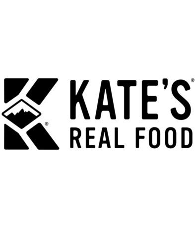 Black and white logo for Kate’s Real Food with a stylized letter K on the left, featuring a mountain graphic inside the K—a nod to the seattle climbing competition. The brand name is written in bold uppercase letters to the right.