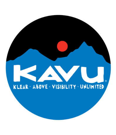 KAVU logo with blue mountains, a red sun above them, and the words KAVU and Klear Above Visibility Unlimited in white text on a black circular background—perfect for celebrating your Seattle climbing competition adventures.