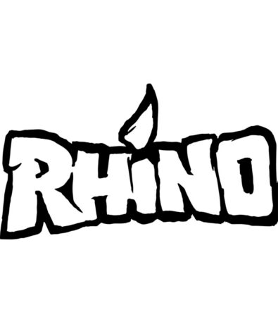 The image shows the word RHINO in bold, stylized, uppercase letters. The dot of the I is shaped like a rhino horn, hinting at strength—perfect for promoting a Seattle climbing competition. The text is black on a white background.