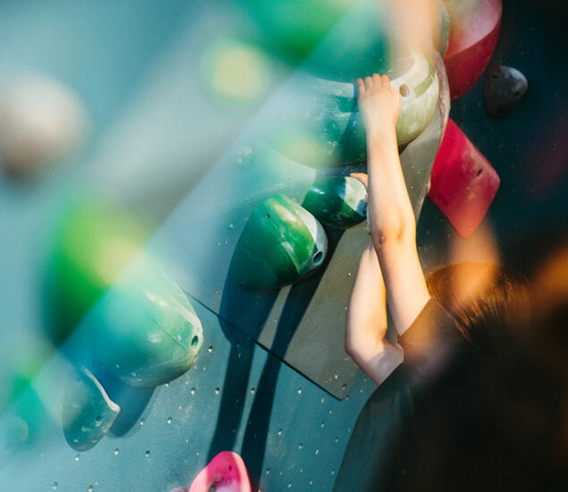 A person’s arms and hands grip colorful holds on a Seattle indoor climbing wall, as out-of-focus shapes and soft sunlight create an abstract, dynamic effect—capturing the vibrant energy of youth teams in action.