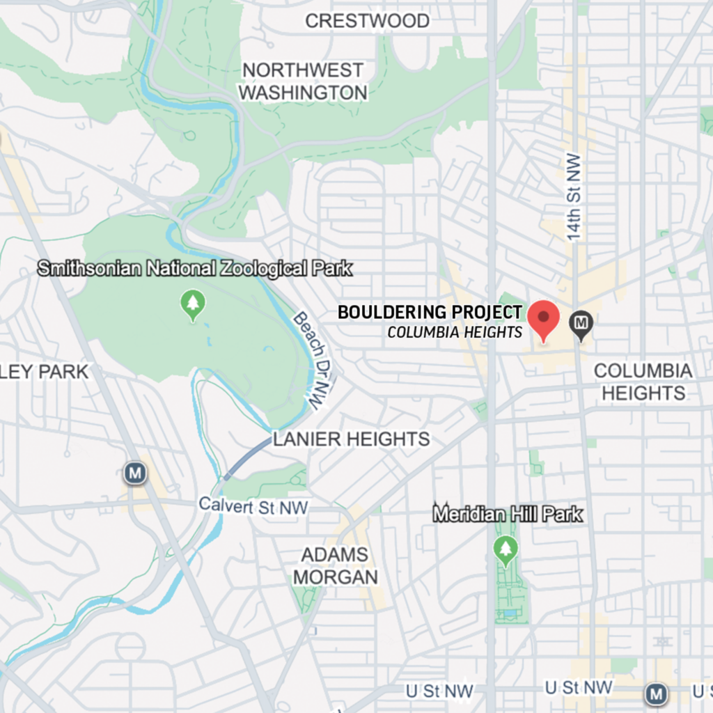Map showing the location of Bouldering Project Columbia Heights, a popular DC climbing gym in Washington, DC, near Meridian Hill Park, Lanier Heights, and Adams Morgan, with nearby metro stations and parks marked.