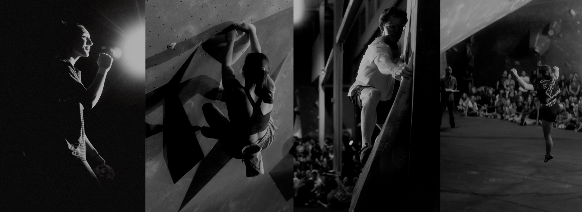 A collage of four black and white images shows people rock climbing at the Seattle Boulderfest competition and dancing, each captured in dynamic poses and dramatic lighting, with some performing in front of an audience.