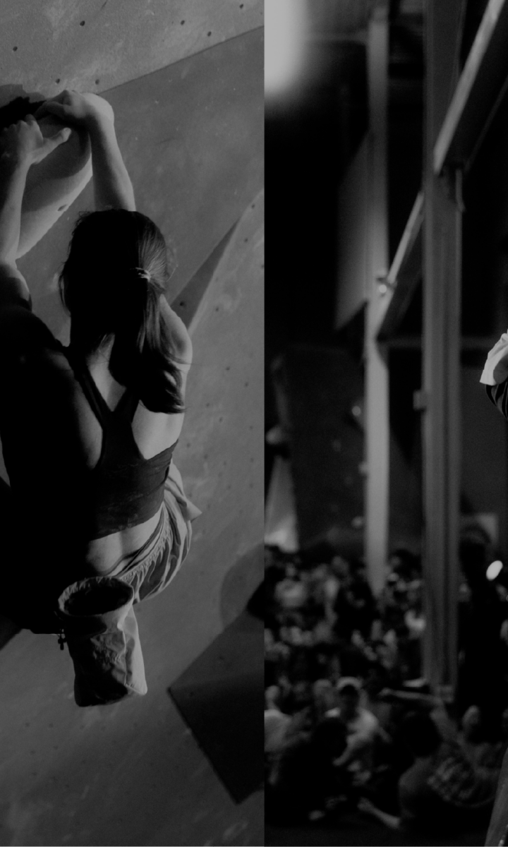 A collage of four black and white images shows people rock climbing at the Seattle Boulderfest competition and dancing, each captured in dynamic poses and dramatic lighting, with some performing in front of an audience.