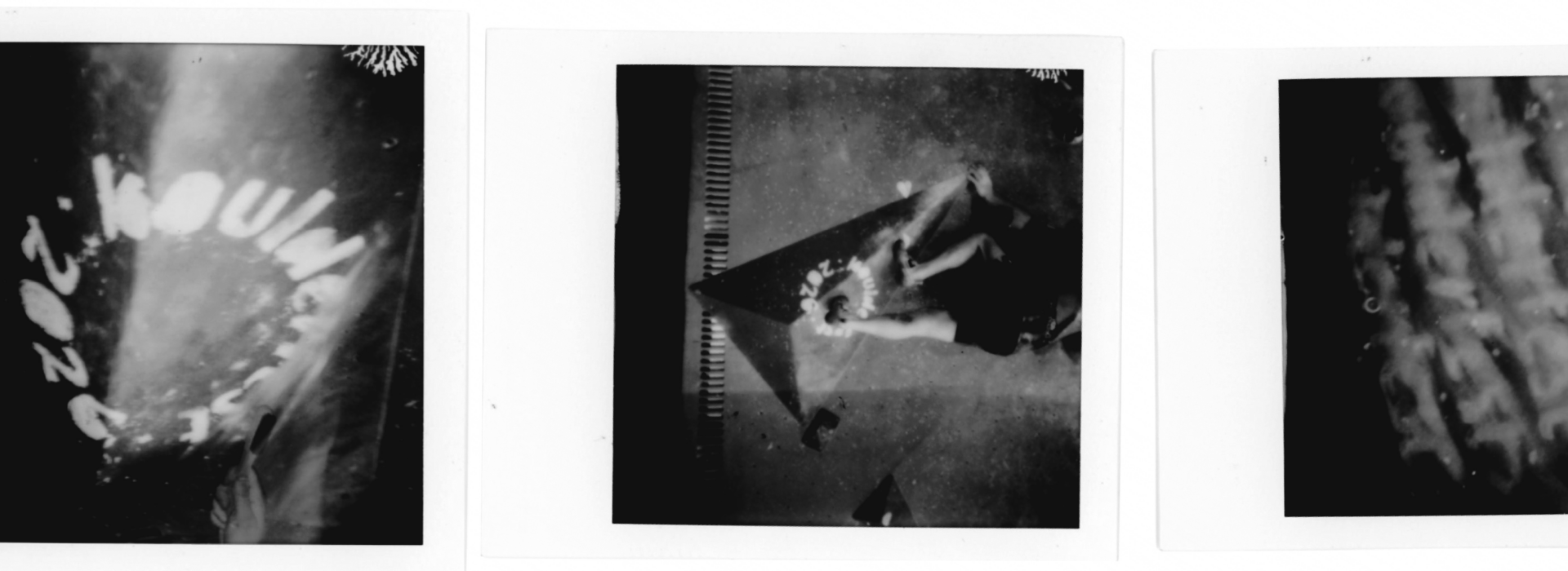 Three black-and-white instant photos from Boulderfest 2026: the first shows the word MOUTH and teeth; the second captures a person with a large open mouth over their face; the third image is mostly blank or out of frame.