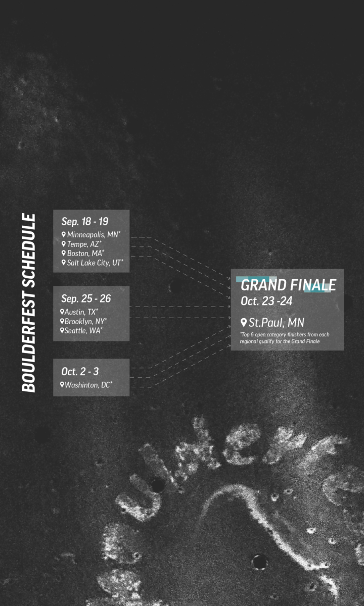 Boulderfest 2026 schedule graphic highlights this exciting climbing festival: Sep 18–19 in Minneapolis, Tampa, Boston, Salt Lake City; Sep 25–26 in Austin, Brooklyn, Seattle; Oct 2–3 in DC; Grand Finale Oct 23–24 in St. Paul, MN.