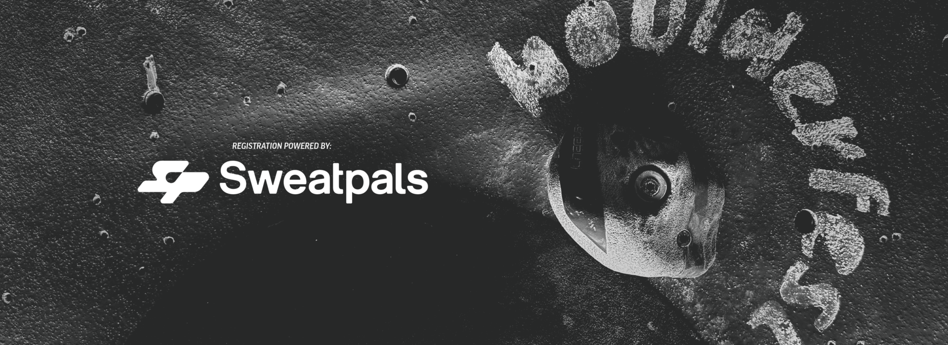 Black and white image of a rock climbing wall with chalk writing that says Boulderfest 2026. Registration powered by Sweatpals and the Sweatpals logo appear on the left side, highlighting this exciting climbing festival.