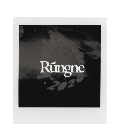 A black-and-white Polaroid photo with the word Rúngne in bold white letters across the center. The background is blurred and dark, with 2020 faintly visible below the text, evoking the spirit of Boulderfest and climbing festival memories.